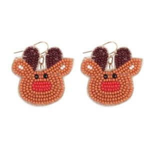 NWT Christmas Rudolph Reindeer Seed Bead Pierced Dangle Holiday Earrings!